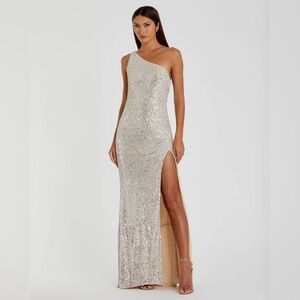 Mac Duggal Silver One-Shoulder Sequin Gown with Thigh Slit